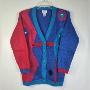 VINTAGE 80s EXTRA ENERGY BY DE ROTHCHILD MOHAIR ART TO WEAR CARDIGAN.